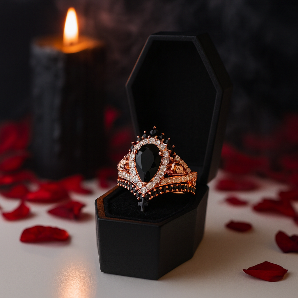1ct Pear Cut Black Diamond Skull Ring Set
