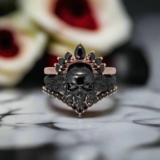 3pc Rose Gold Black Diamond Gothic Ring - My Queen
