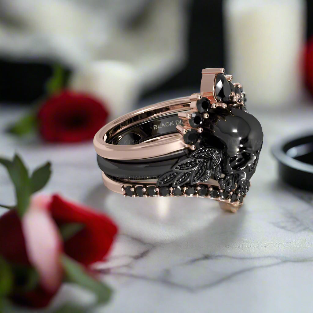 3pc Rose Gold Black Diamond Gothic Ring - My Queen