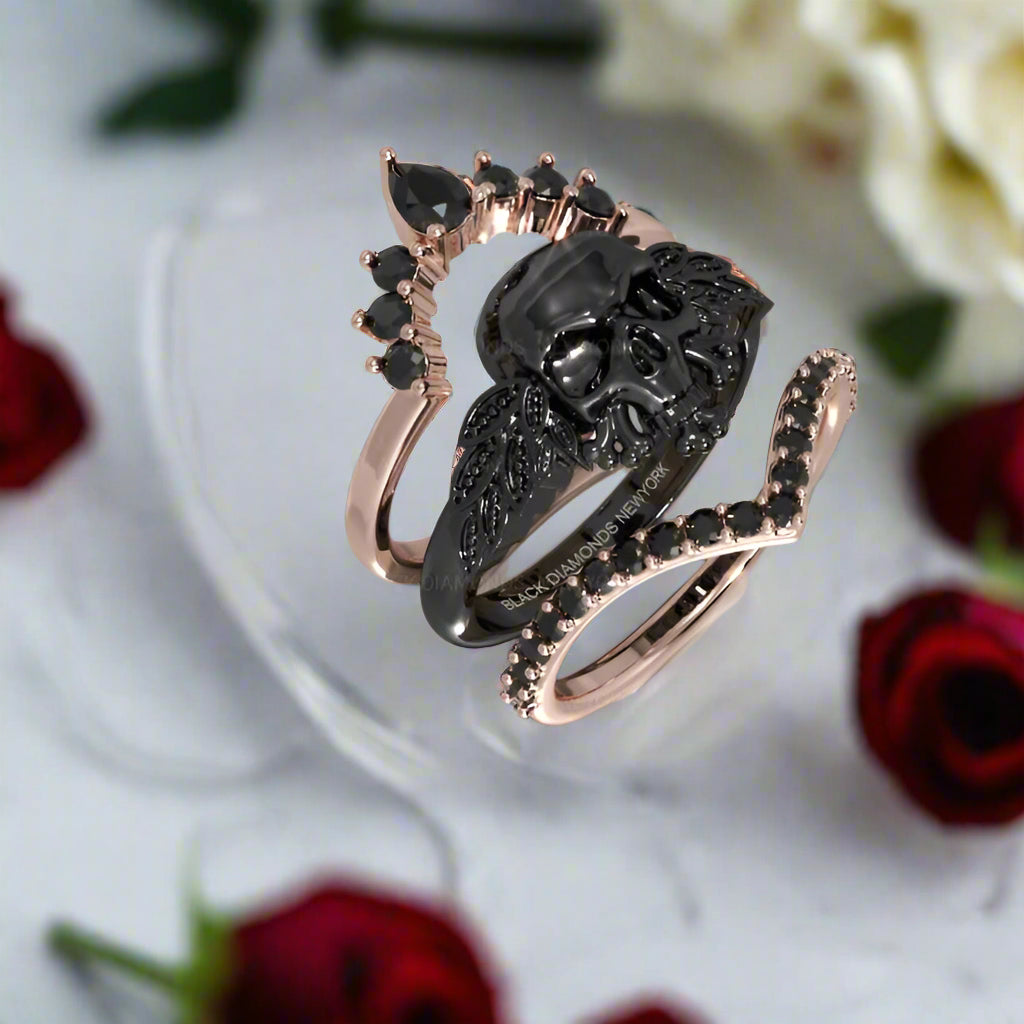3pc Rose Gold Black Diamond Gothic Ring - My Queen
