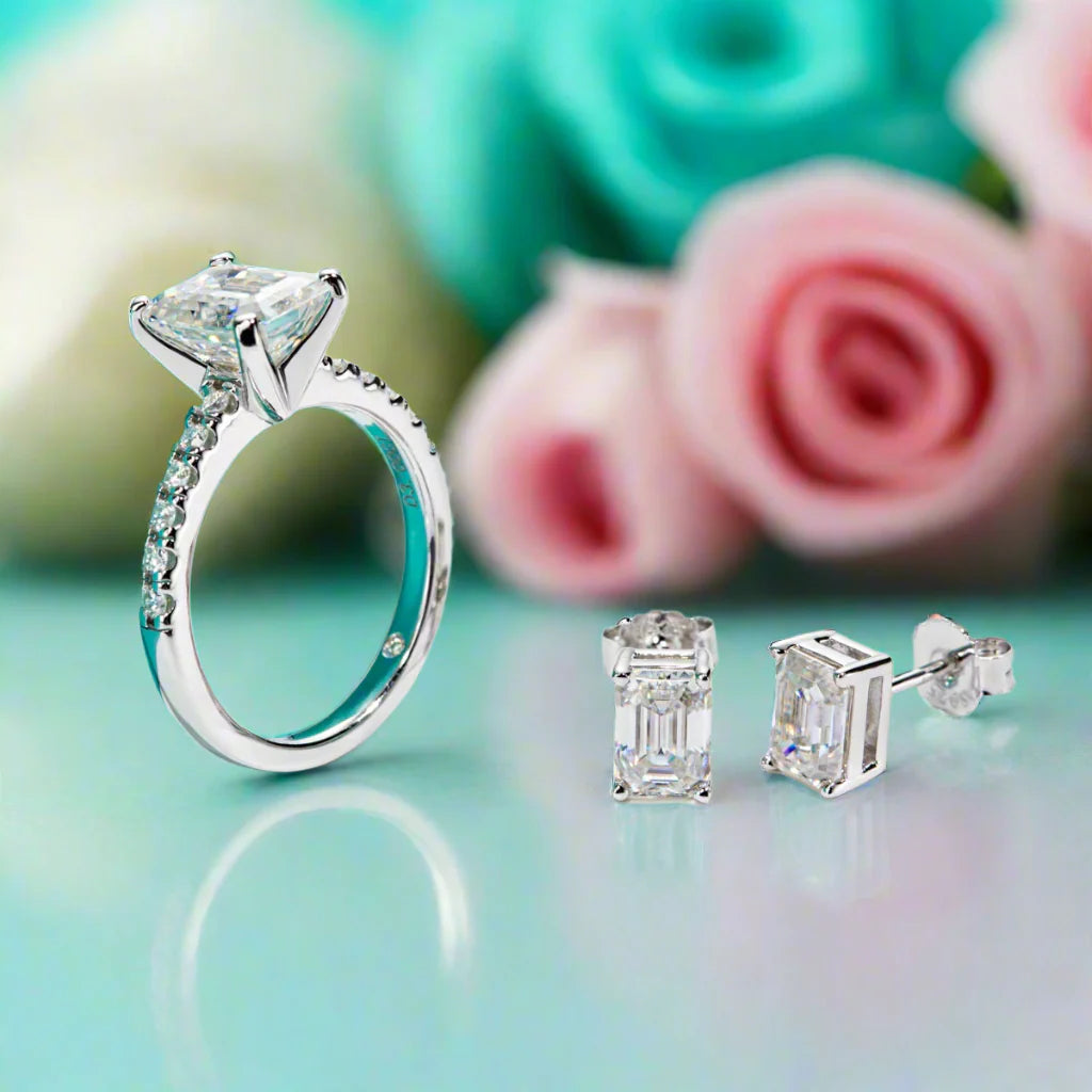 3ct Emerald Cut Moissanite Engagement Ring and Earrings Set