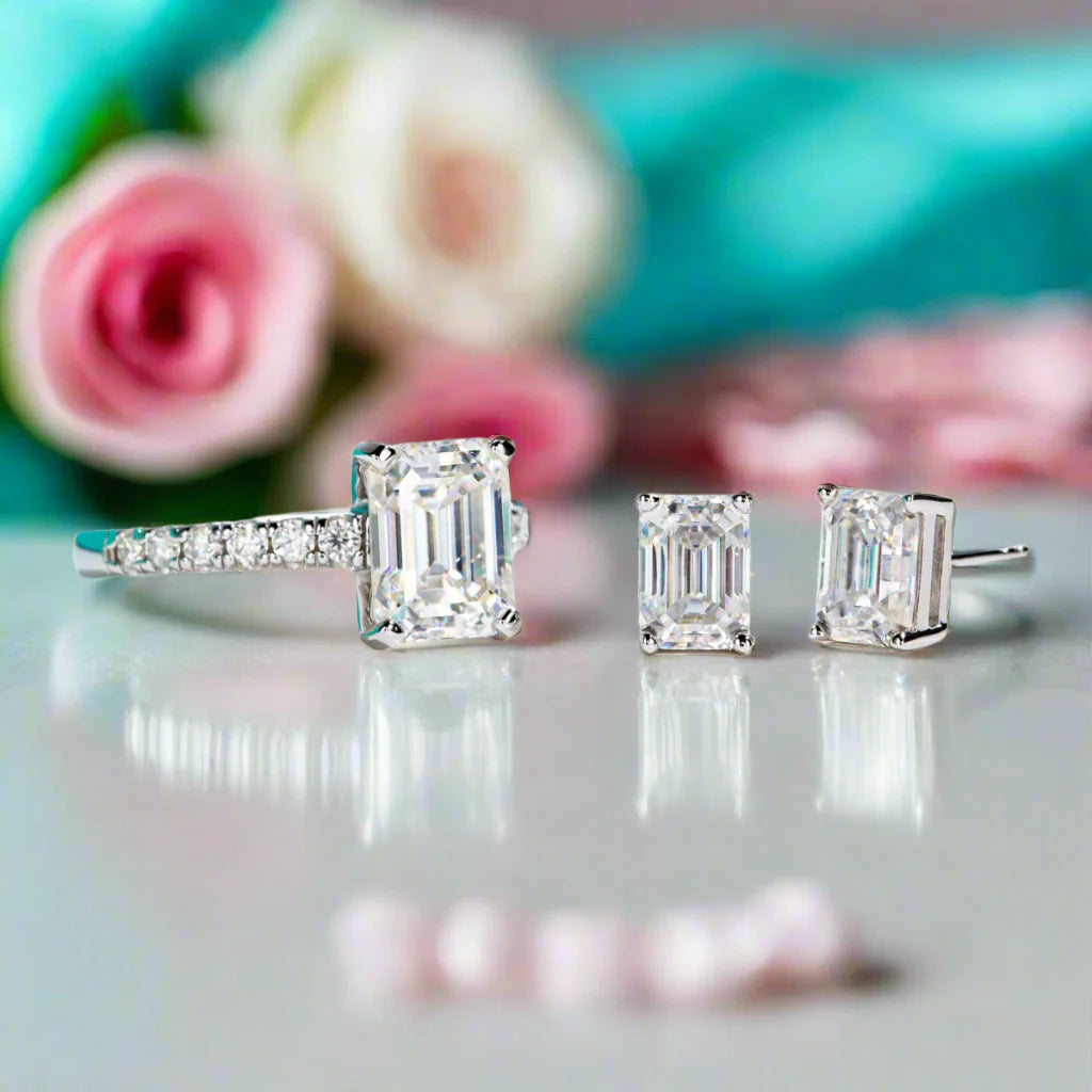 3ct Emerald Cut Moissanite Engagement Ring and Earrings Set