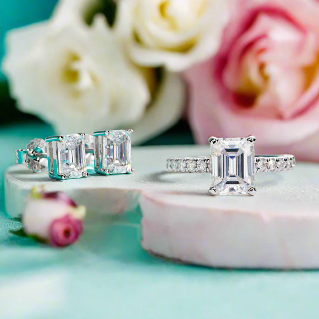 3ct Emerald Cut Moissanite Engagement Ring and Earrings Set