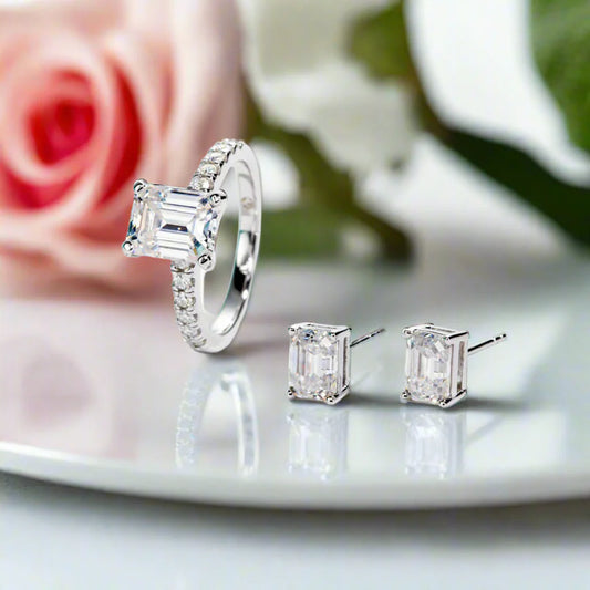 3ct Emerald Cut Moissanite Engagement Ring and Earrings Set