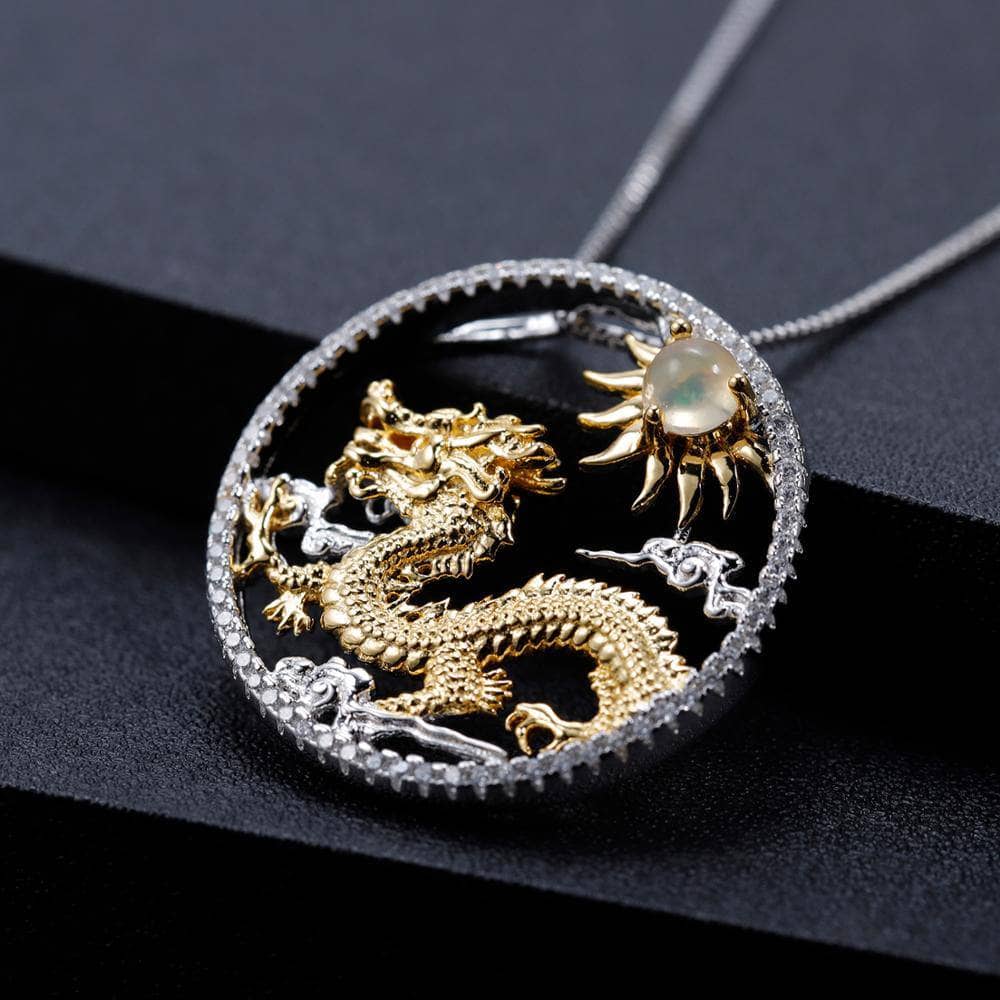 Year Of The Dragon- Natural African Opal Gemstone Flying Dragon Necklace