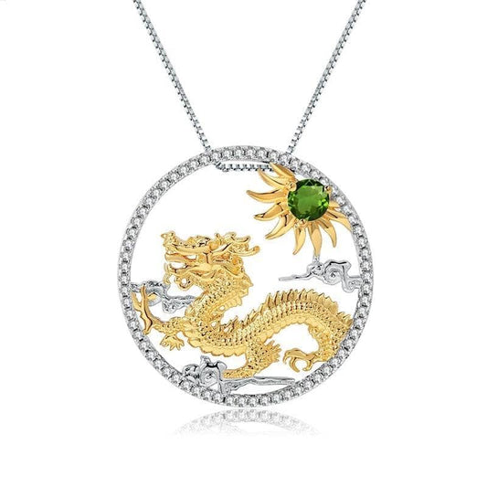 Year Of The Dragon-Natural Chrome Diopside Handmade Flying Dragon Necklace