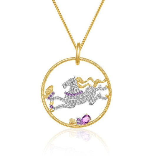 Year Of The Horse- Galloping Horse Natural Amethyst Necklace