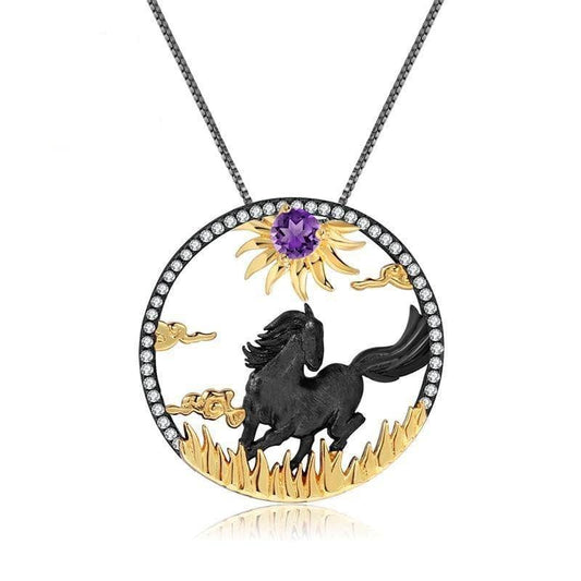 Year Of The Horse- Natural Amethyst Handmade Sun & Horse Necklace