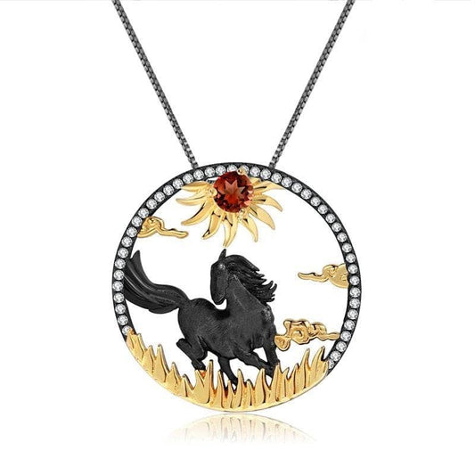 Year Of The Horse-Natural Red Garnet Gemstone Handmade Sun & Horse Necklace