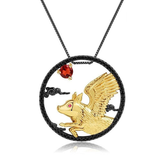 Year Of The Pig-Natural Red Garnet Handmade Pig Chivalrous Necklace