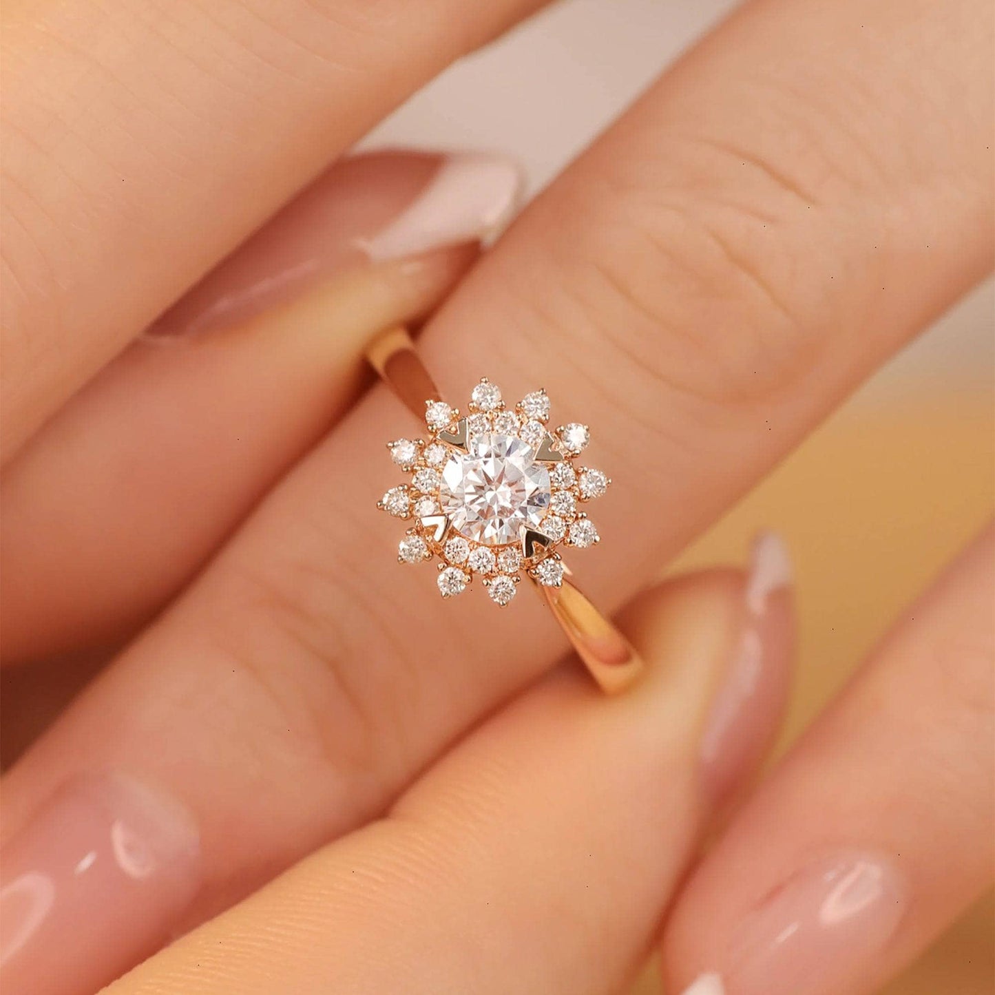 18k Art Deco Round Cut Diamond Sunflower Engagement Ring