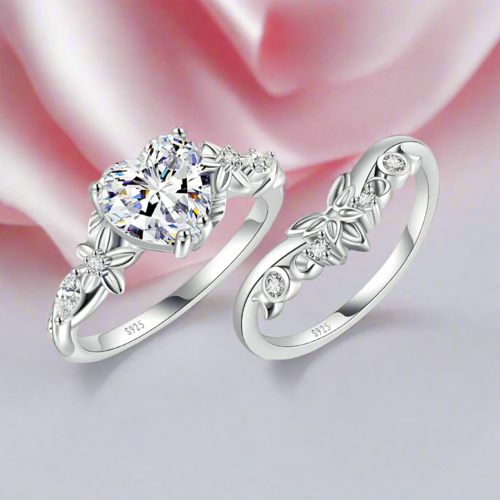 Heart Shaped Moss Agate Engagement Ring Set