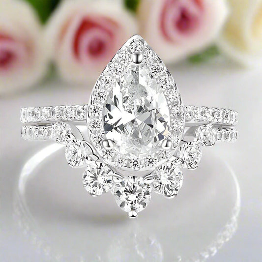 VIP 2.7Ct Halo Pear Cut Moissanite Engagement Ring Set