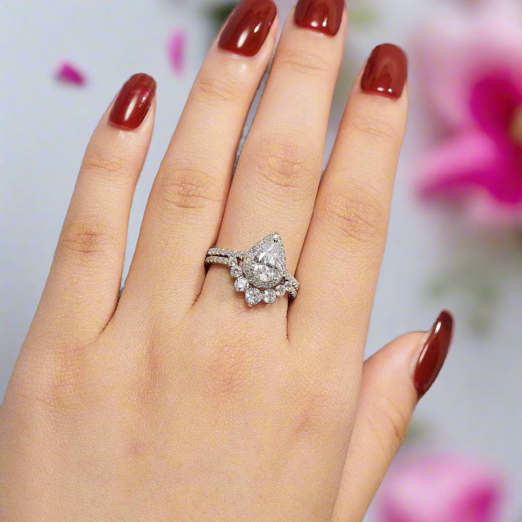 VIP 2.7Ct Halo Pear Cut Moissanite Engagement Ring Set