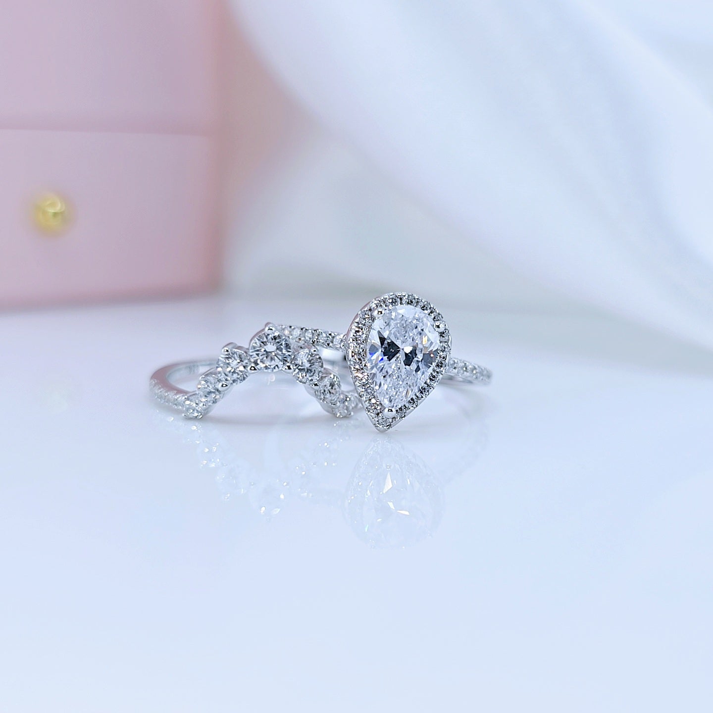 VIP 2.7Ct Halo Pear Cut Moissanite Engagement Ring Set