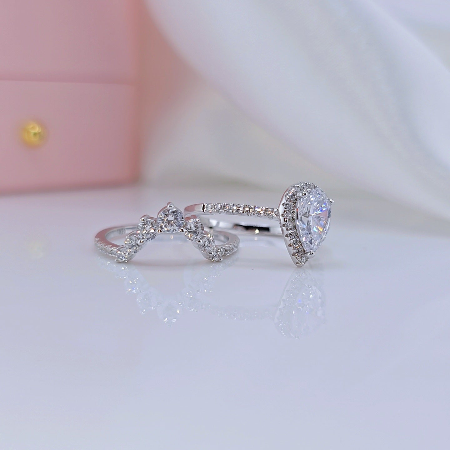 VIP 2.7Ct Halo Pear Cut Moissanite Engagement Ring Set