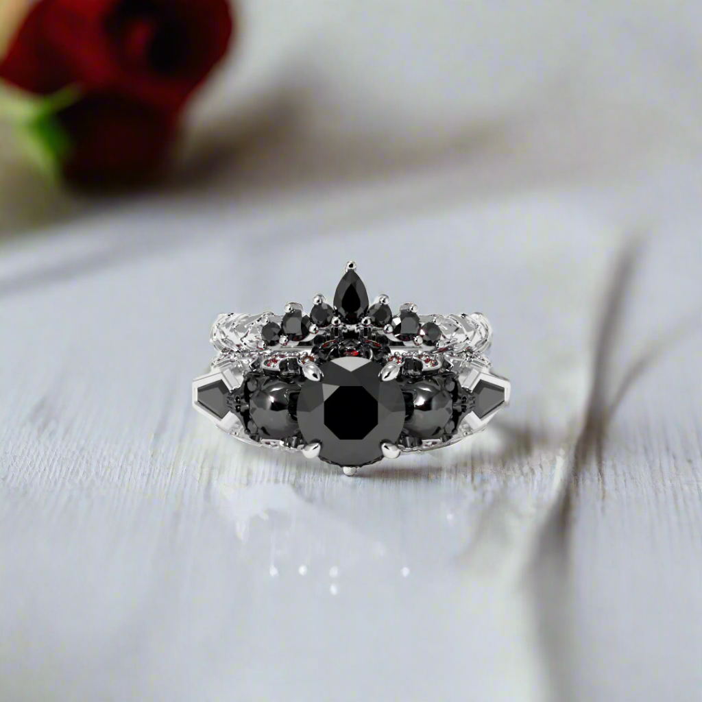 Eternal Flame- Round Cut Diamond Coffin Wedding Ring Set