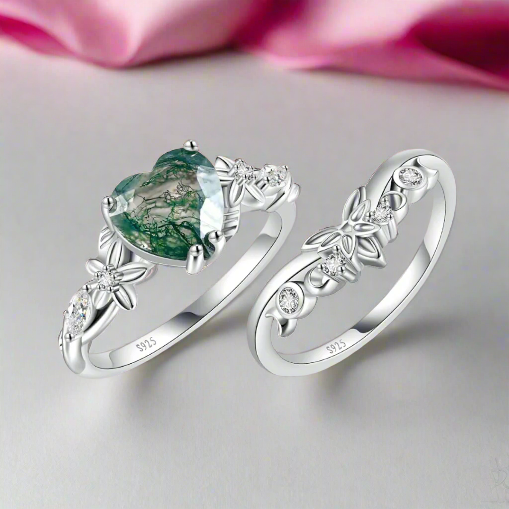 Heart Shaped Moss Agate Engagement Ring Set