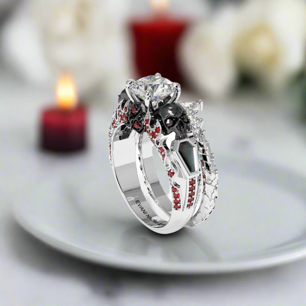 Eternal Flame- Round Cut Diamond Coffin Wedding Ring Set