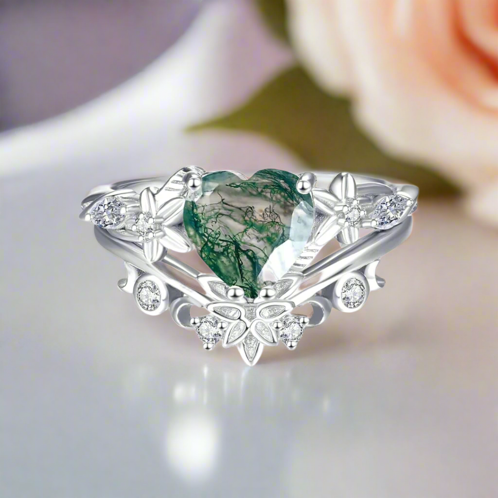 Heart Shaped Moss Agate Engagement Ring Set
