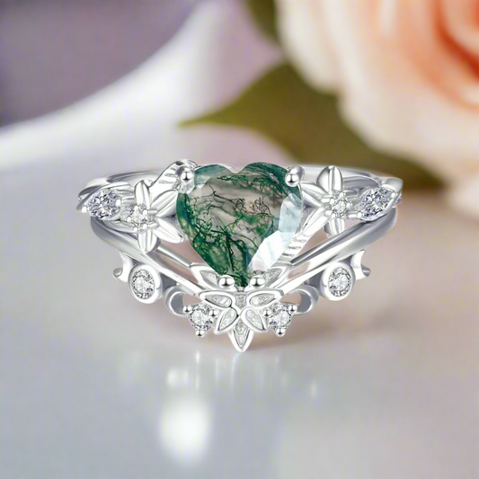 Heart Shaped Moss Agate Engagement Ring Set