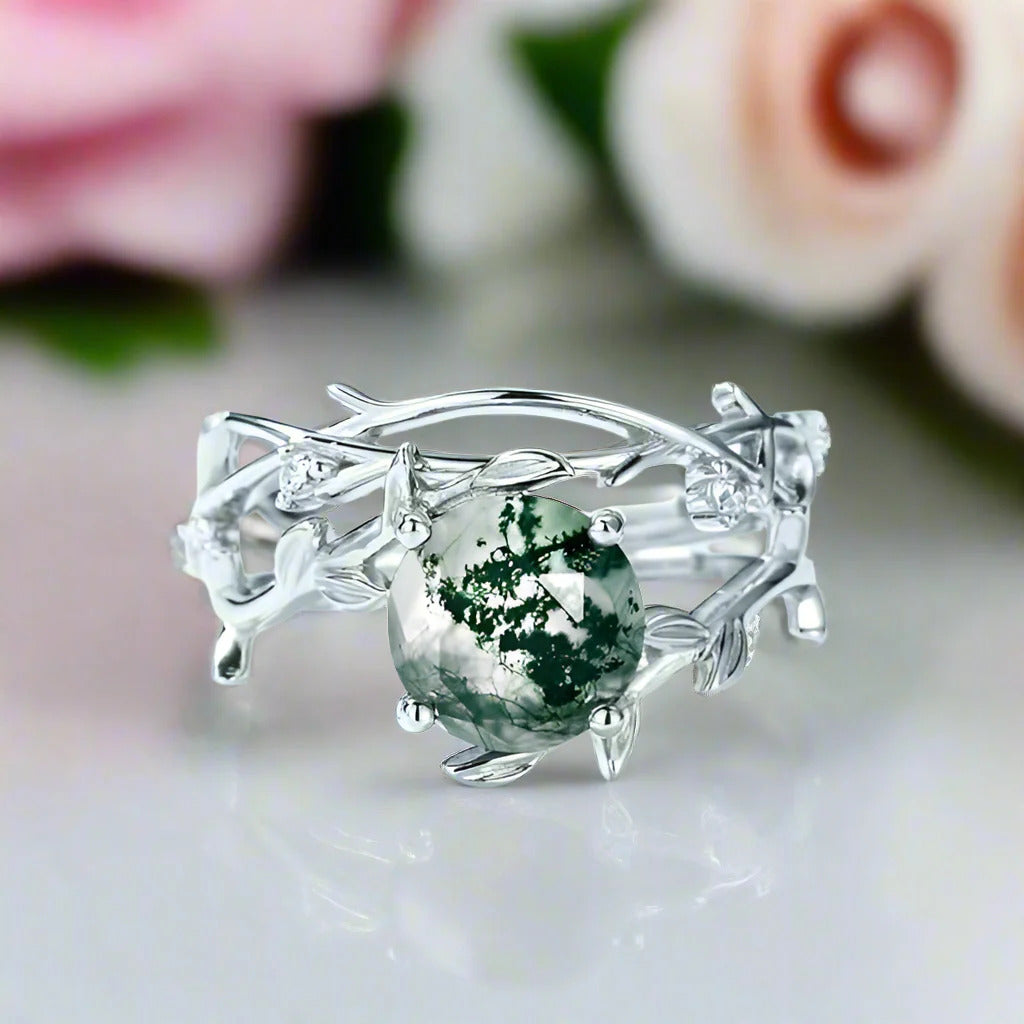 Green Moss Agate Vintage Leaf Style Resizable Ring Set