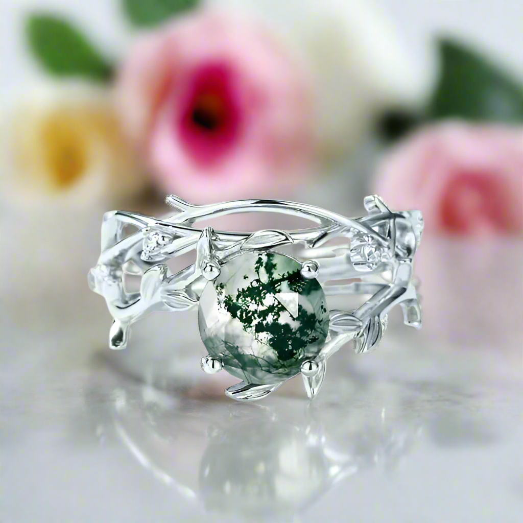 Green Moss Agate Vintage Leaf Style Resizable Ring Set