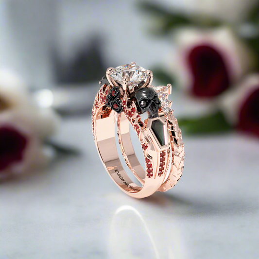 Eternal Flame- Round Cut Diamond Coffin Wedding Ring Set