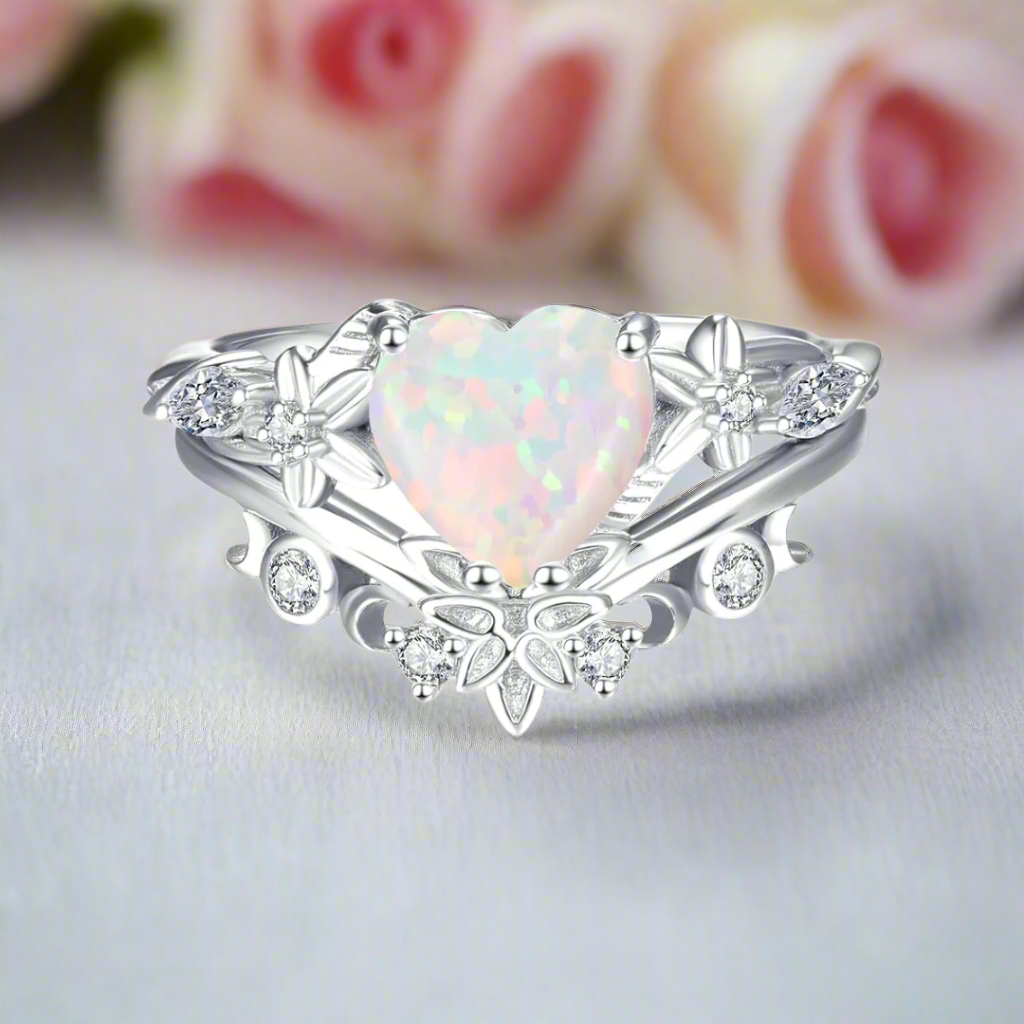 Heart Shaped Moss Agate Engagement Ring Set