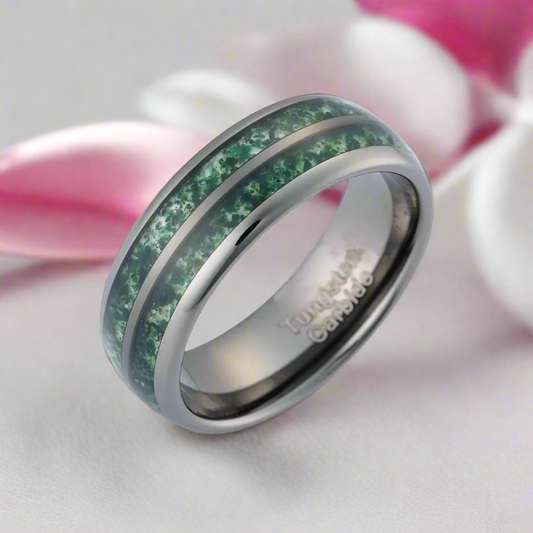 Moss Agate Gunmetal Tungsten Carbide Ring Band
