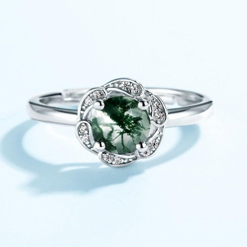 6*6mm Natural Moss Agate Engagement Ring