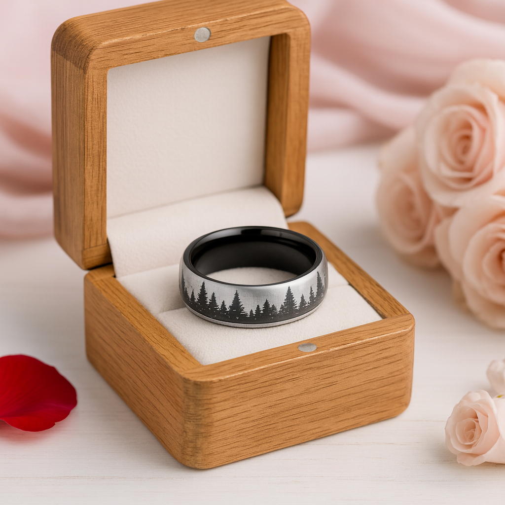 6mm Black Laser Forest Tree Pattern Tungsten Carbide Men's Ring