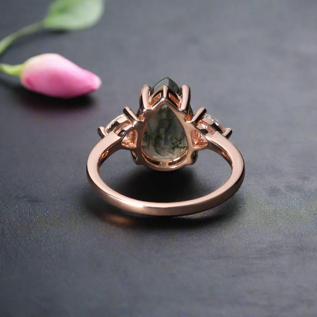 Unique Teardrop Natural Moss Agate Engagement Ring
