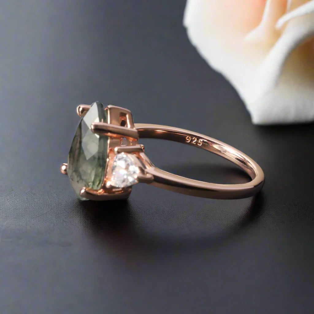 Unique Teardrop Natural Moss Agate Engagement Ring
