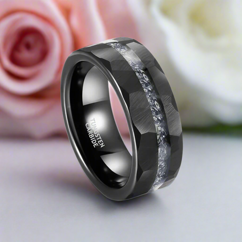 Aluminum Slag Inlay Hammered & Grooved Tungsten Carbide Ring