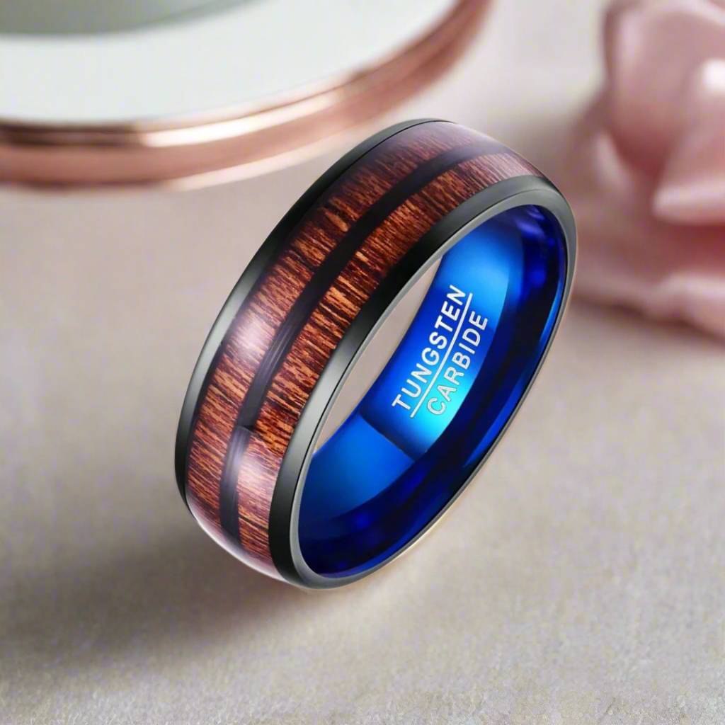 Black and Blue Dome Double Groove Acacia Wood Inlaid Tungsten Men's Ring