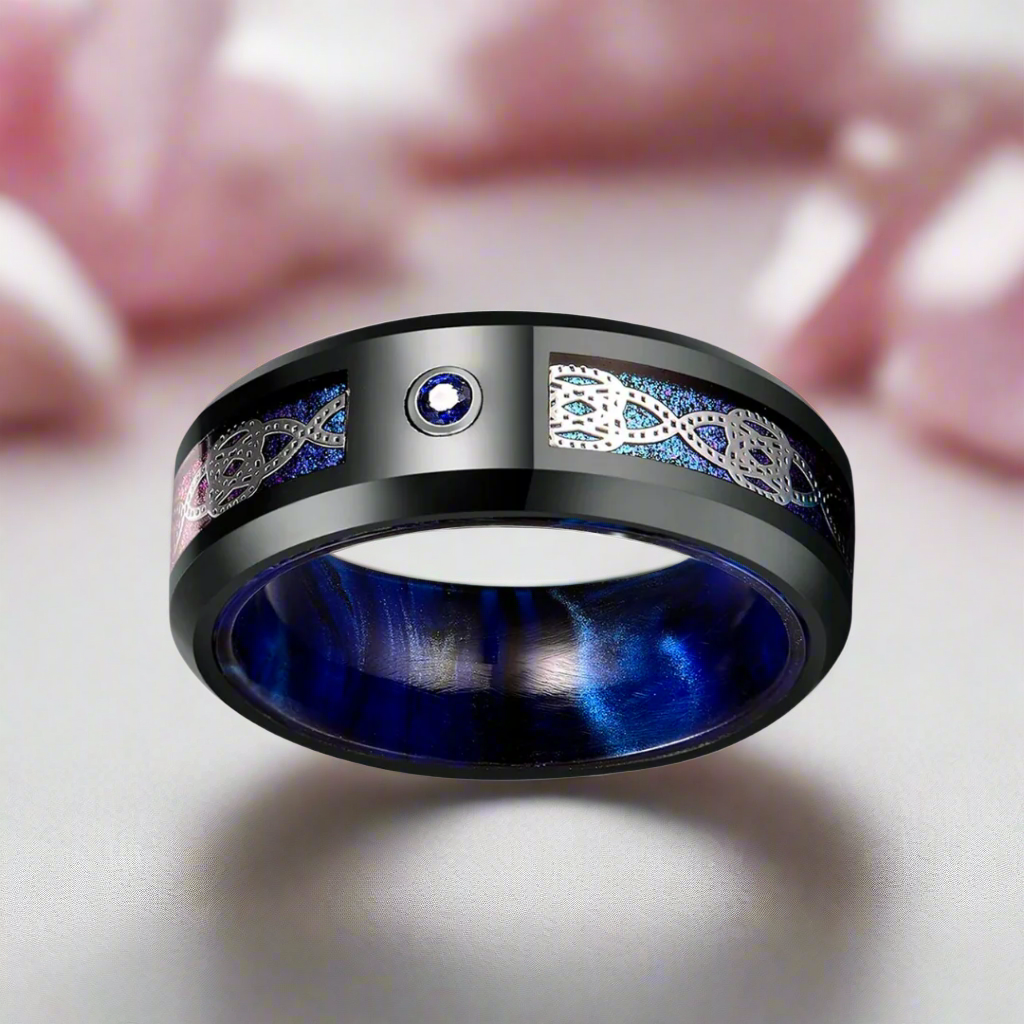 Blue Diamond Black Dome Celtic Knot Tungsten Men's Ring
