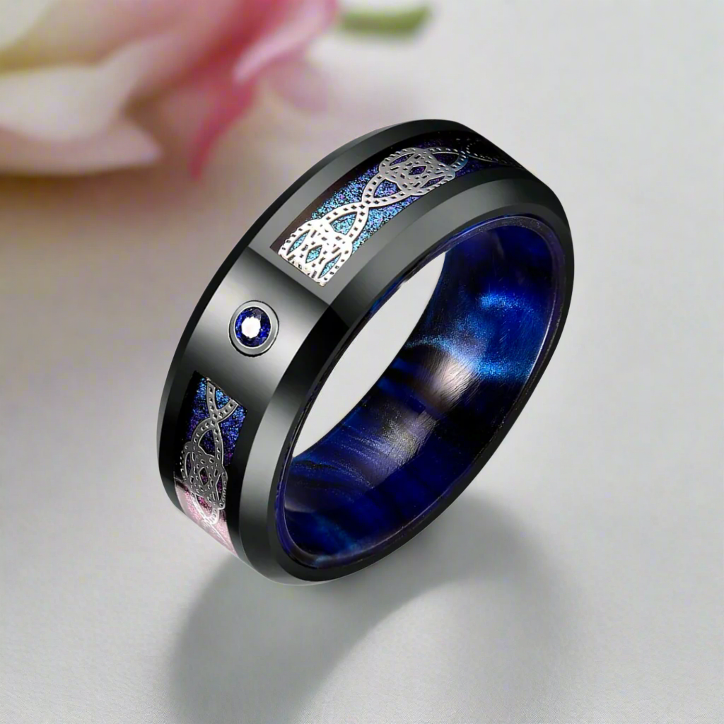 Blue Diamond Black Dome Celtic Knot Tungsten Men's Ring