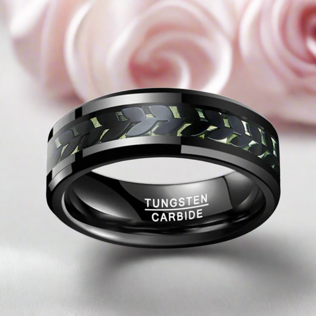 Black Leaves and Green Carbon Fiber Inlay Beveled Edge Tungsten Men's Ring