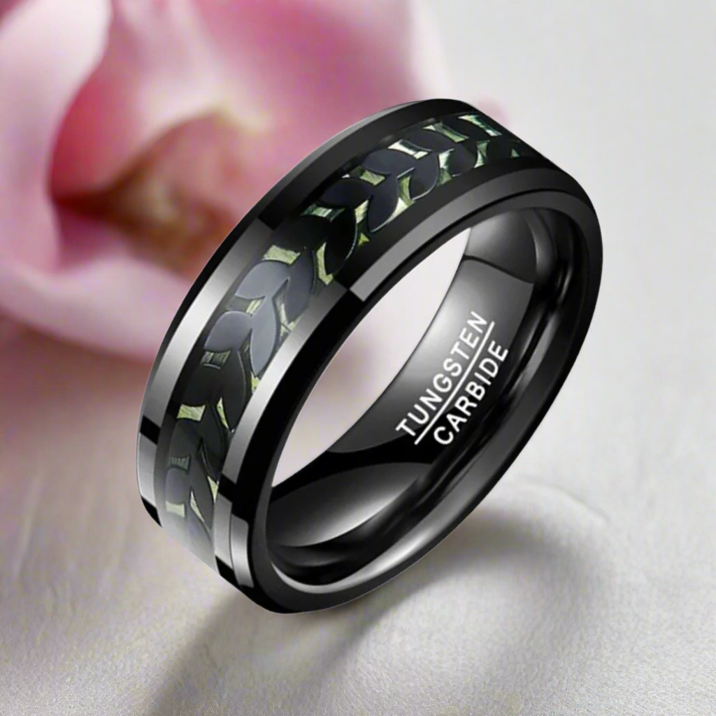 Black Leaves and Green Carbon Fiber Inlay Beveled Edge Tungsten Men's Ring