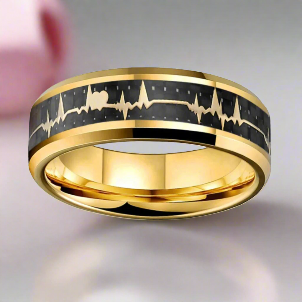 Heart Love Ring with Black Carbon Fiber Inlay Tungsten Men's Ring