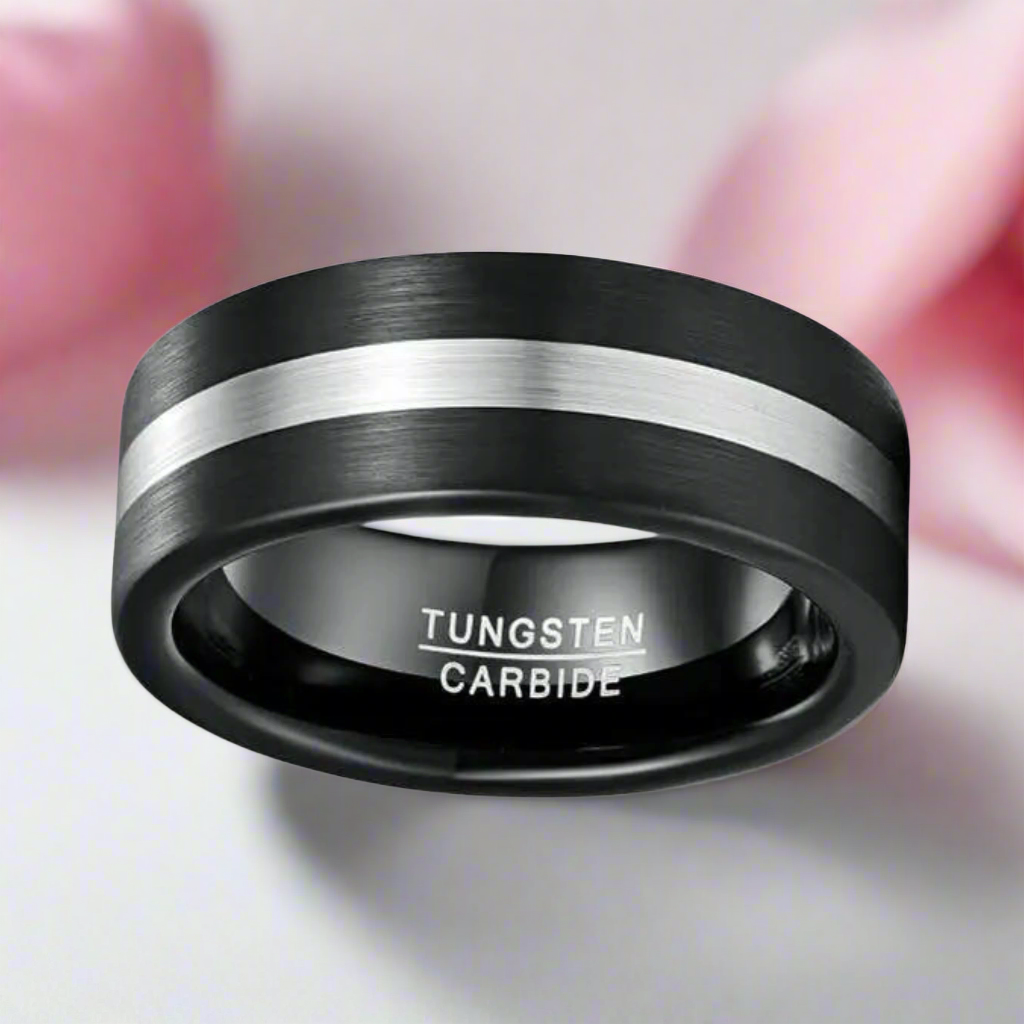 Black Brushed with Silver Line Tungsten Men's Ring