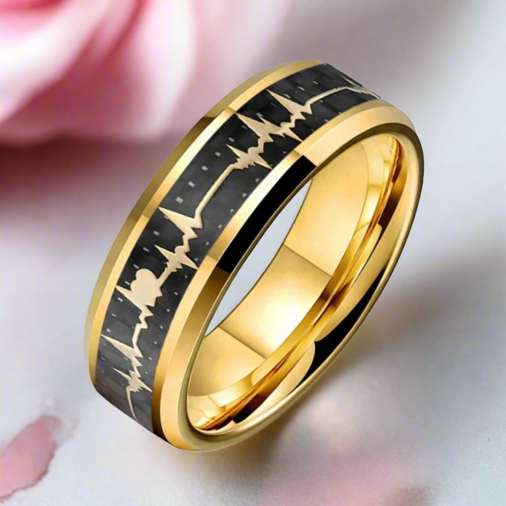 Heart Love Ring with Black Carbon Fiber Inlay Tungsten Men's Ring