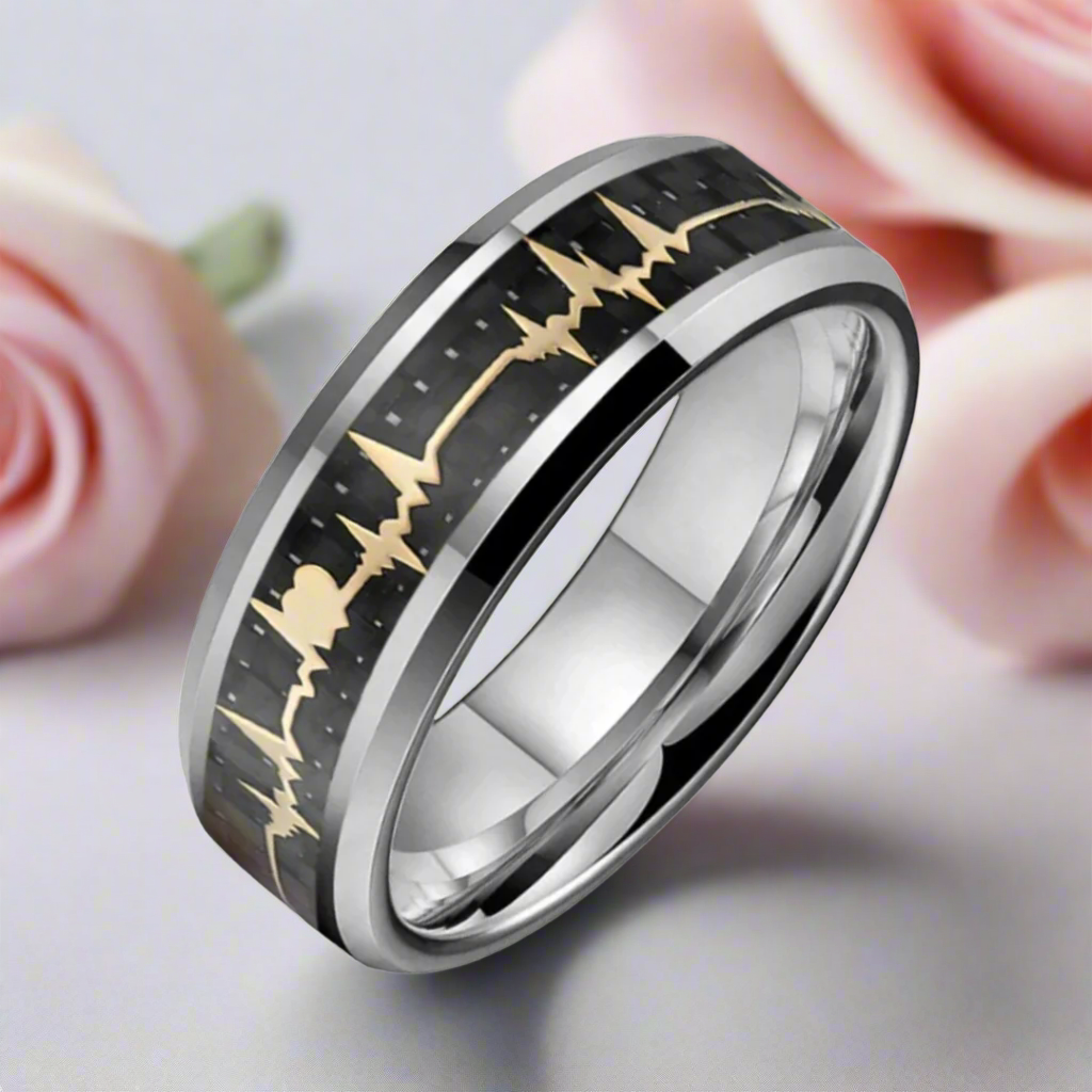Heart Love Ring with Black Carbon Fiber Inlay Tungsten Men's Ring