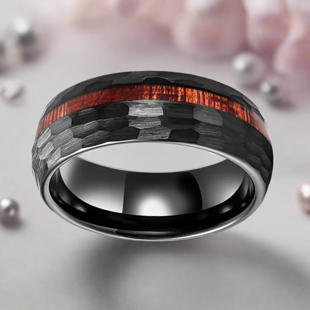 8mm Grooved Hammered Black Tungsten Carbide Men's Rings with Wood Inlay