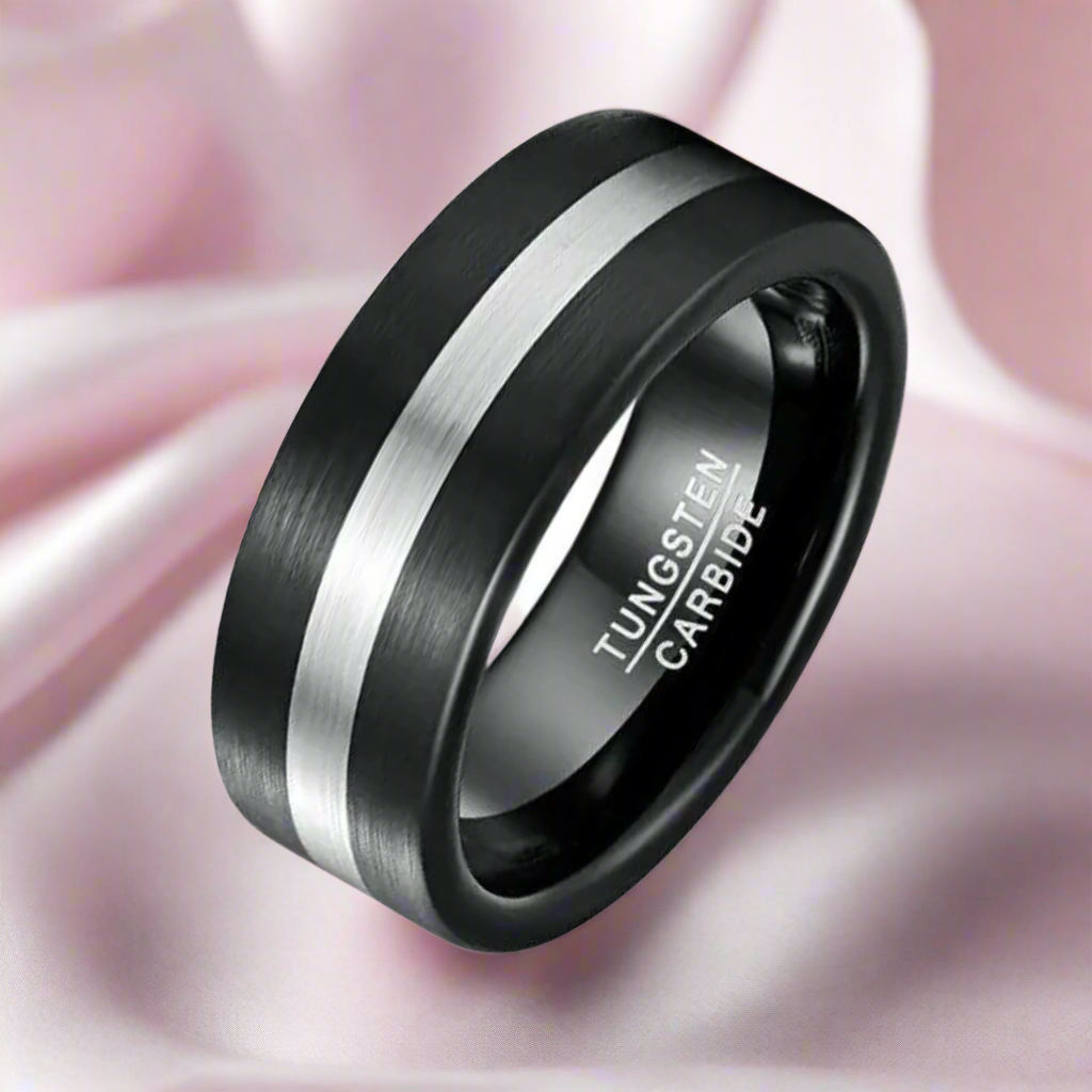 Black Brushed with Silver Line Tungsten Men's Ring