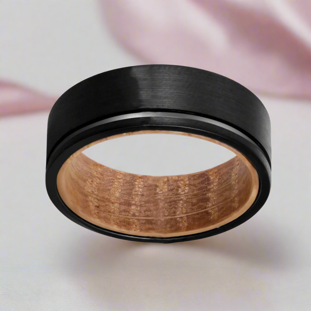 Groove Matte Finish with Inlay Wood Tungsten Carbide Men's Ring