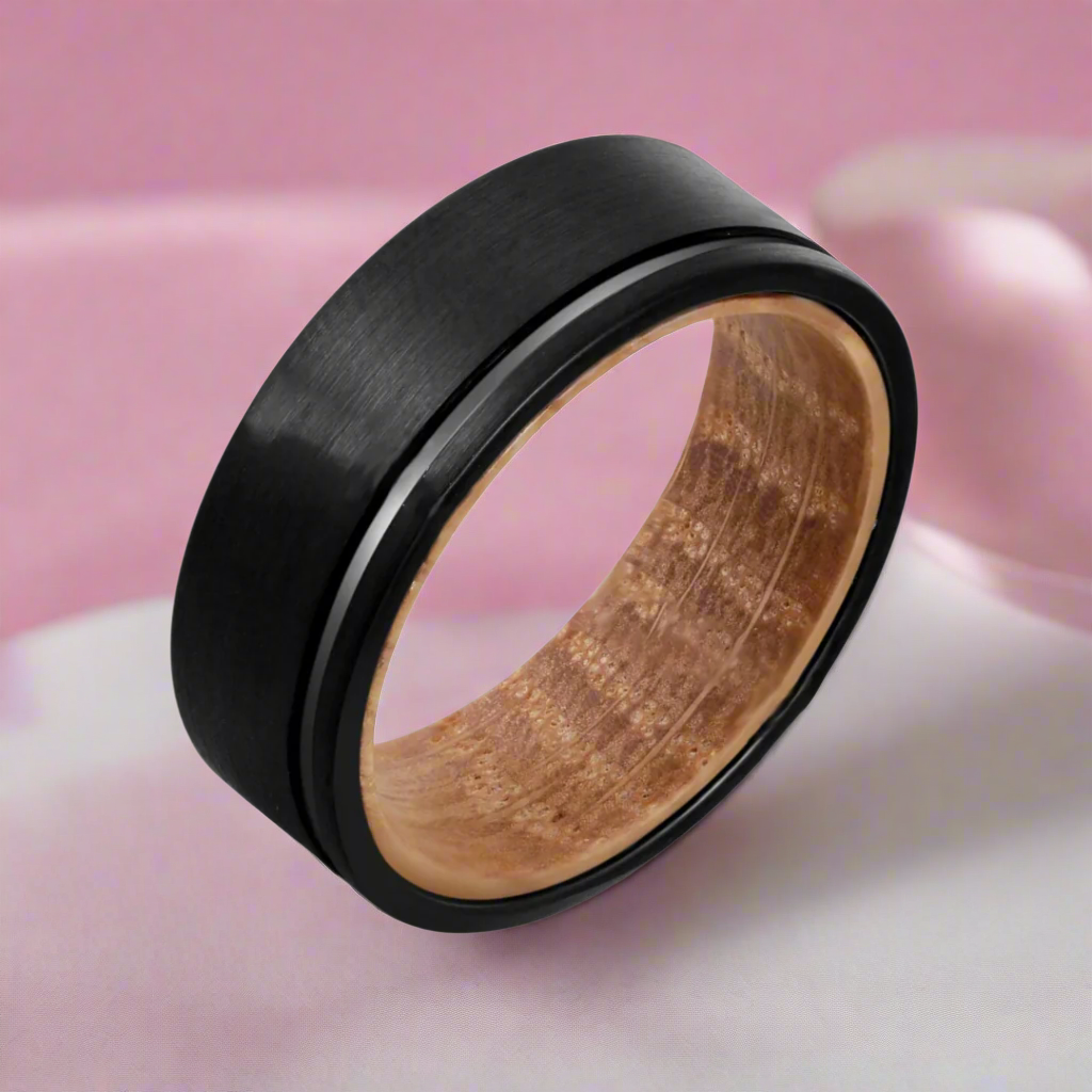 Groove Matte Finish with Inlay Wood Tungsten Carbide Men's Ring