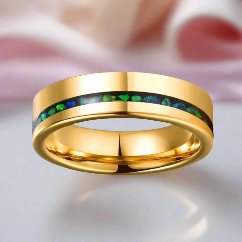 Green Opal Inlay Yellow Gold Tungsten Carbide Men's Ring