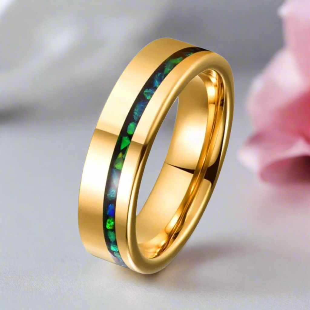 Green Opal Inlay Yellow Gold Tungsten Carbide Men's Ring